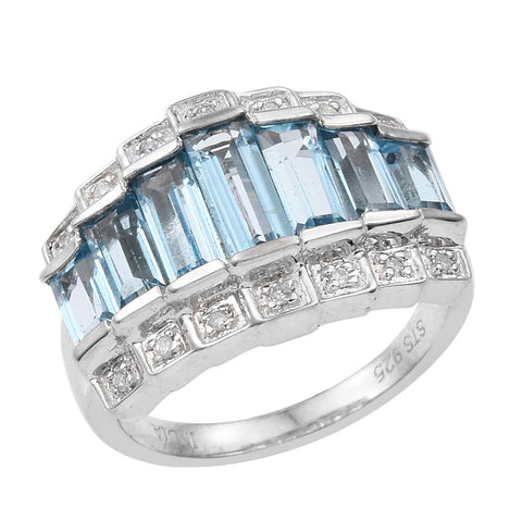 Swiss Blue Topaz And White Diamond Geometric Ring Set In Rhodium - Fashion Apparel 