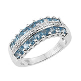 Half Eternity Geometric Swiss Blue Topaz And White Topaz Ring Set In Rhodium - Fashion Apparel 