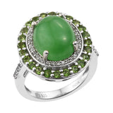 Green Jade Gemstone Ring With Russian Diaopside And Natural White Zircon Halo Set In Rhodium - Fashion Apparel 