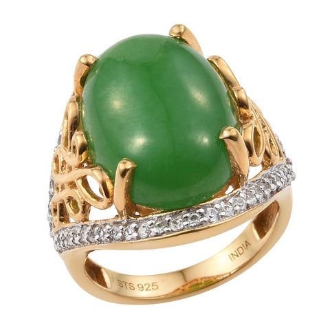 Oval Green Jade Ring With Natural White Zircons Set In Yellow Gold Rhodium - Fashion Apparel 