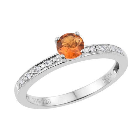 Fire Opal With White Zircon Sterling Silver Ring Polished With Rhodium. - Fashion Apparel 