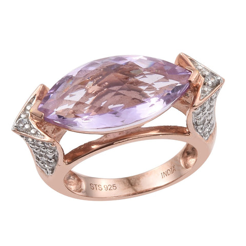 Sterling Silver Pink Amethyst And White Zircon Ring Plated With Rose Gold Rhodium. - Fashion Apparel 
