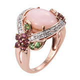 Sterling Silver, Pink Opal With Tsavorite Gemstone Ring Polished With Rose Gold Rhodium. - Fashion Apparel 