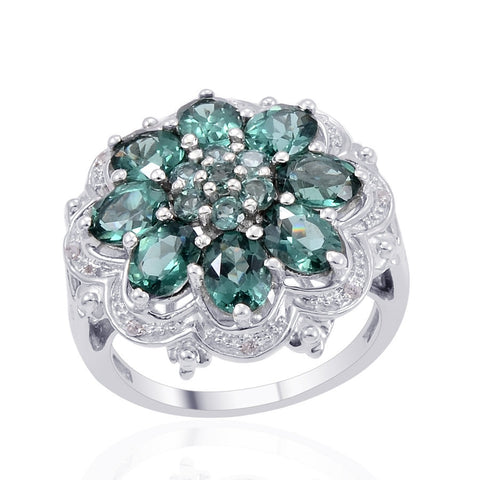 Stunning Rhodium Plated Sterling Silver Ring Jeweled With Natural White Zircon, And Teal Apatite - Fashion Apparel 