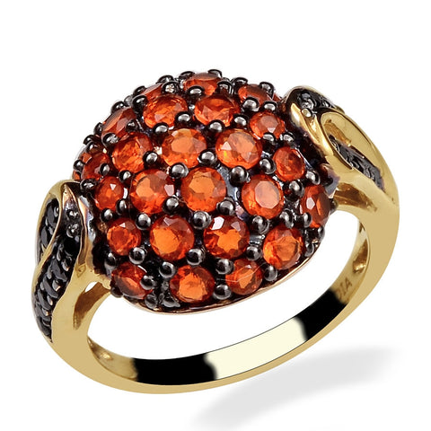 Yellow Gold Rhodium Plated Sterling Silver Ring With Polished Black Spinel, And Fire Opal - Fashion Apparel 