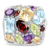 Rhodium Plated Sterling Silver Ring Jeweled With Polished Blue Topaz, Peridot Marquise, Garnet, Citrine, Garnet Marquise, African Amethyst, - Fashion Apparel 