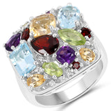 Rhodium Plated Sterling Silver Ring Jeweled With Polished Blue Topaz, Peridot Marquise, Garnet, Citrine, Garnet Marquise, African Amethyst, - Fashion Apparel 