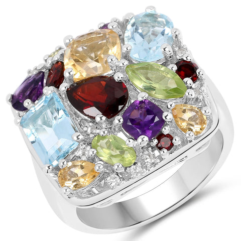 Rhodium Plated Sterling Silver Ring Jeweled With Polished Blue Topaz, Peridot Marquise, Garnet, Citrine, Garnet Marquise, African Amethyst, - Fashion Apparel 