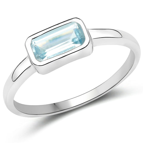 Rhodium Plated Sterling Silver Ring With Polished Blue Topaz. - Fashion Apparel 