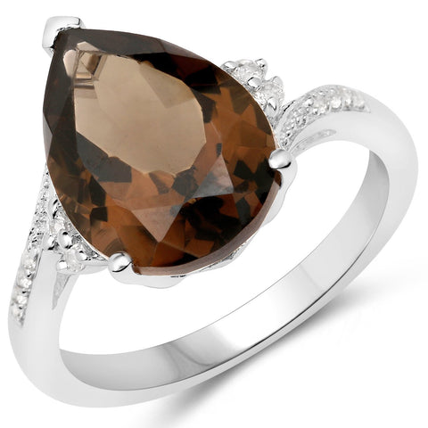 Sterling Silver Ring With Rhodium Plating And Polished Smoky Quartz, White Topaz Gemstones - Fashion Apparel 