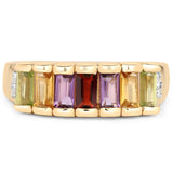 Stunning Yellow Gold Plated Sterling Silver Ring With African Amethyst Baguette, Citrine Baguette, Peridot Baguette, Garnet Baguette, And Wh - Fashion Apparel 