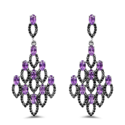 6.00 Carat Genuine Amethyst and Black Spinel .925 Sterling Silver Earrings - Fashion Apparel 