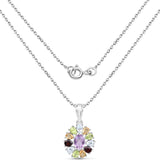Sterling Silver Pendant With Chain Featuring Rhodium Plating And Brazil Amethyst, Garnet, Blue Topaz, Citrine, Peridot Gemstones. - Fashion Apparel 