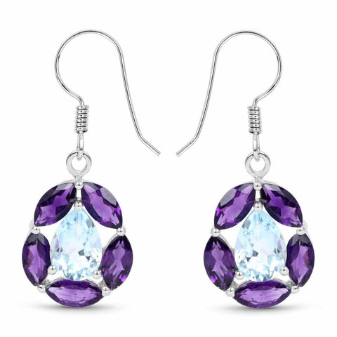9.10 Carat Genuine Blue Topaz and Amethyst .925 Sterling Silver Earrings - Fashion Apparel 