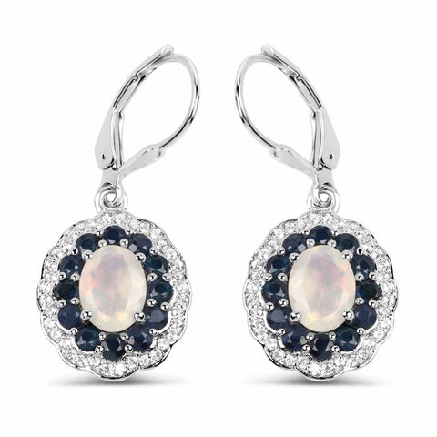 2.80 Carat Genuine Ethiopian Opal, Blue Sapphire and White Topaz .925 Sterling Silver Earrings - Fashion Apparel 