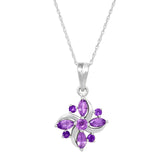 Rhodium Plated Sterling Silver Pendant Set In Marquise And Round Shaped Amethyst Multi Gemstone - Fashion Apparel 