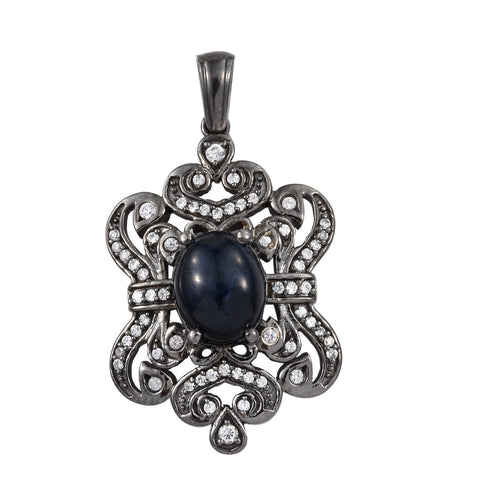 Stunning Sterling Silver Pendant With Black Star Diopside, Natural White Zircon Gemstones And Black Ruthenium Plating. - Fashion Apparel 