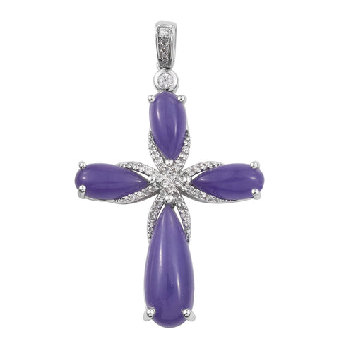 Rhodium Plated Sterling Silver Pendant With Purple Jade And Natural White Zircon Gemstones. - Fashion Apparel 