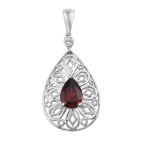 Rhodium Plated Sterling Silver Pendant With Red Garnet, Natural White Zircon Gemstone - Fashion Apparel 