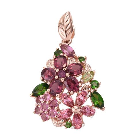 Rose Gold Rhodium Plated Sterling Silver Pendant With Peridot, Russian Diaopside, Citrine, Fire Opal, And Red Garnet - Fashion Apparel 