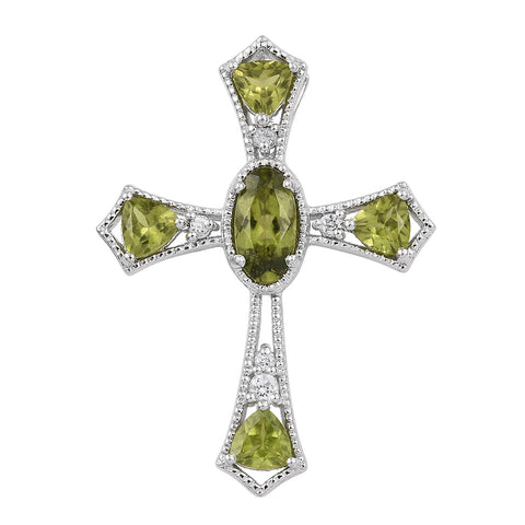 Adorned With Polished Vesuvianite And Natural White Zircon Rhodium Plated Sterling Silver Pendant - Fashion Apparel 