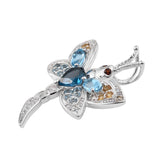 Rhodium Plated Sterling Silver Pendant With Swiss Blue Topaz, Natural White Zircon, Citrine, London Blue Topaz And Red Garnet - Fashion Apparel 