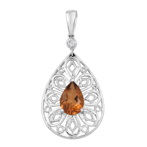 Rhodium Plated Sterling Silver Pendant With Madira Citrine And Natural White Zircon - Fashion Apparel 