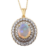 Ethiopian Opal Pendant With Double Halo Of Natural White Zircons Suspended From Yellow Gold Rhodium - Fashion Apparel 