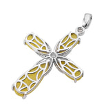 Yellow Jade Gemstone Cross Pendant With Natural White Zircon Clasp Set In Rhodium - Fashion Apparel 
