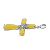Yellow Jade Gemstone Cross Pendant With Natural White Zircon Clasp Set In Rhodium - Fashion Apparel 