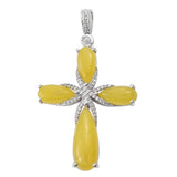 Yellow Jade Gemstone Cross Pendant With Natural White Zircon Clasp Set In Rhodium - Fashion Apparel 