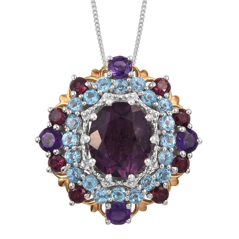 Yellow Gold Pan Plated Sterling Silver Pendant With African Amethyst, Purple Fluorite, Rhodolite Garnet, And Electric Blue Topaz - Fashion Apparel 
