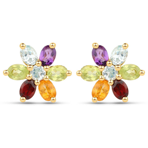 Gold Plated Sterling Silver Earring With Polished Citrine, Peridot, African Amethyst, Blue Topaz, And Garnet. - Fashion Apparel 