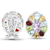 Rhodium Plated Sterlings Silver Earring With Polished Brazil Amethyst, Garnet, Blue Topaz, Citrine, And Peridot - Fashion Apparel 