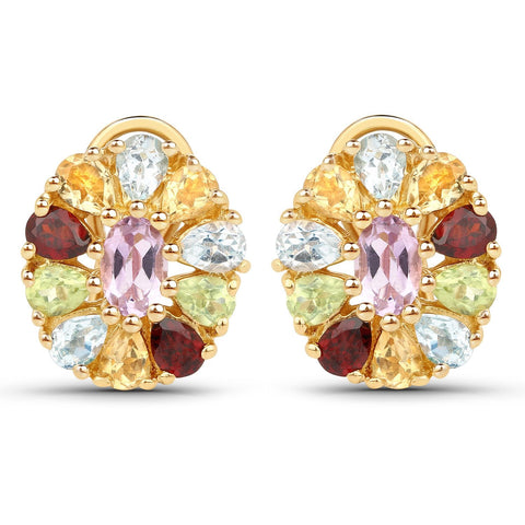 14k Gold Plated Sterling Silver Earring With Polished Brazil Amethyst, Garnet, Blue Topaz, Citrine, And Peridot - Fashion Apparel 