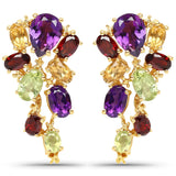 Studded Gold Plated Sterling Silver Earring With Polished African Amethyst, Citrine, Garnet, And Peridot Gemstones. - Fashion Apparel 