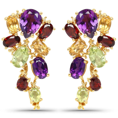 Studded Gold Plated Sterling Silver Earring With Polished African Amethyst, Citrine, Garnet, And Peridot Gemstones. - Fashion Apparel 