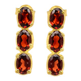 Drop And Dangle Gold Plated Sterling Silver Earrings With 3 Oval Garnet Stones - Fashion Apparel 