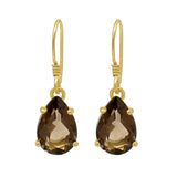 Pan Shaped Silver Sterling Hook Earrings Holding A Smoky Stone And Plated With Gold - Fashion Apparel 