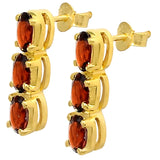 Drop And Dangle Gold Plated Sterling Silver Earrings With 3 Oval Garnet Stones - Fashion Apparel 
