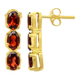 Drop And Dangle Gold Plated Sterling Silver Earrings With 3 Oval Garnet Stones - Fashion Apparel 