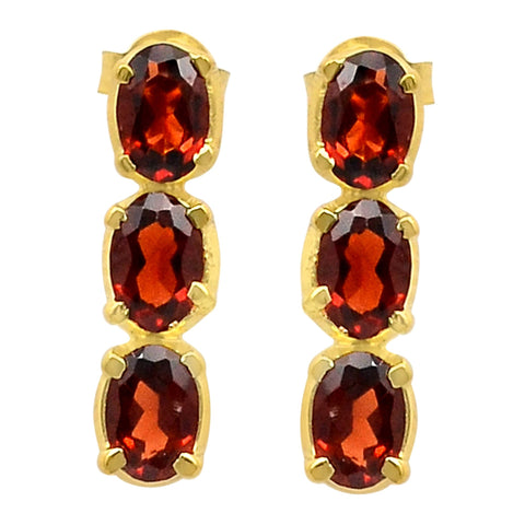 Drop And Dangle Gold Plated Sterling Silver Earrings With 3 Oval Garnet Stones - Fashion Apparel 