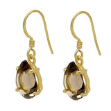 Pan Shaped Silver Sterling Hook Earrings Holding A Smoky Stone And Plated With Gold - Fashion Apparel 