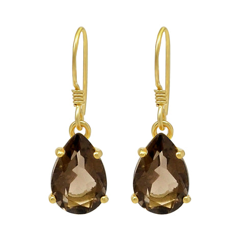 Pan Shaped Silver Sterling Hook Earrings Holding A Smoky Stone And Plated With Gold - Fashion Apparel 