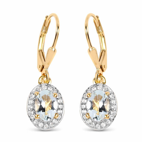 14K Yellow Gold Plated 1.70 Carat Genuine Aquamarine and White Topaz .925 Sterling Silver Earrings - Fashion Apparel 