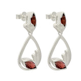 Sterling Silver Earring With Rhodium Plated And Two Oval Shaped Garnet Stones - Fashion Apparel 