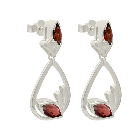 Sterling Silver Earring With Rhodium Plated And Two Oval Shaped Garnet Stones - Fashion Apparel 