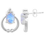 Rhodium Plated Sterling Silver Earring With Oval Shaped Moonlight Stone. - Fashion Apparel 