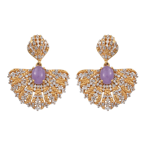Elegant Sterling Silver Earring With Yellow Gold Plating And Purple Jade And Natural White Zircon Gemstones - Fashion Apparel 