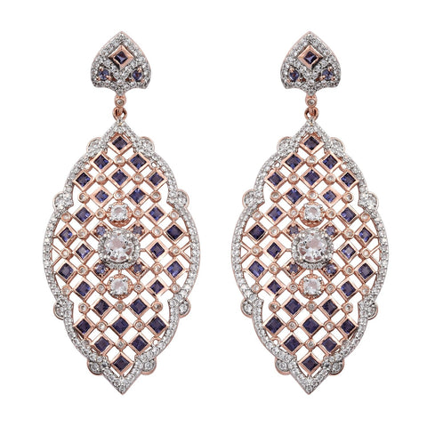 Elegant Sterling Silver Earring With Rose Gold Rhodium Plating And Petalite, Iolite, Natural White Zircon Gemstones. - Fashion Apparel 